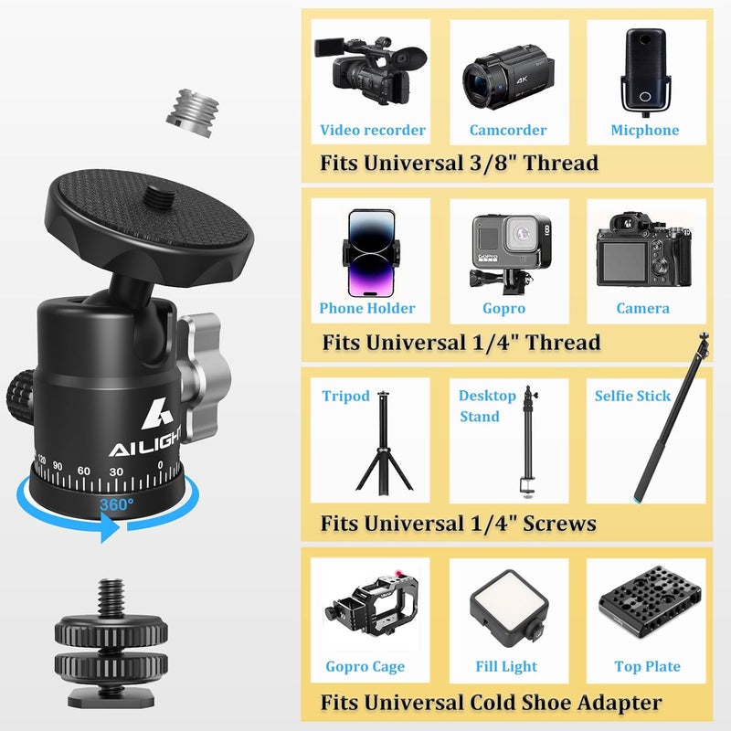 ailight Mini Ball Head, 360° Panoramic Tripod Head, Universal 1/4" to 3/8" Screw Adapter Swivel Mini Ball Head Screw Tripod Mount, Dual Cold Shoe Mount for DSLR Cameras Camcorder（2 Pack - Image 3
